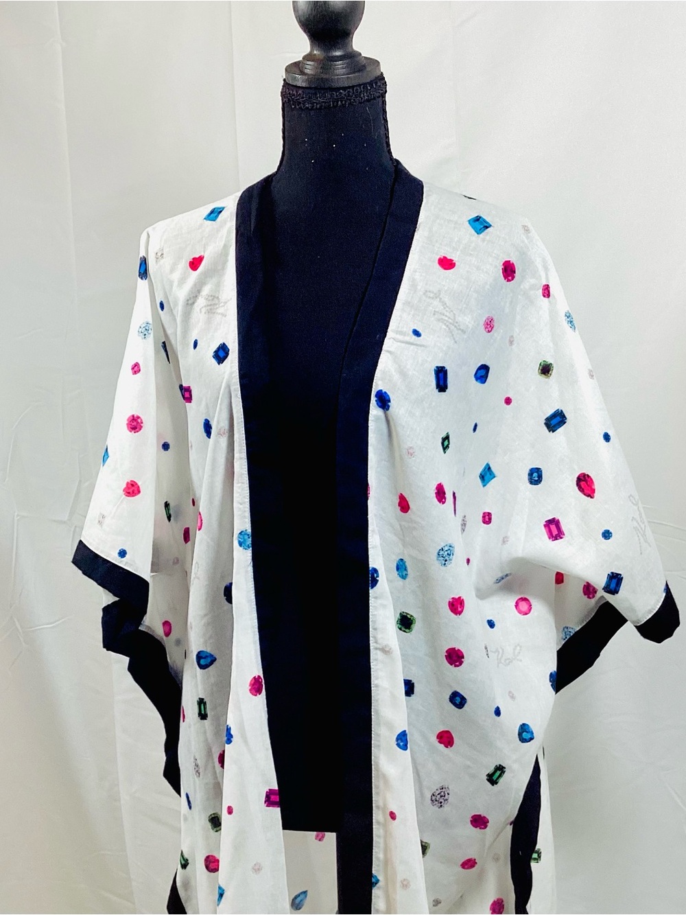 Kurt Geiger White Kimono Coverup with Colorful Gems and Black Trim NWT